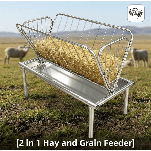 4 ft Galvanized Steel Ranch Feeder  Heavy Duty 2-in-1 Hay & Grain Livestock Feeder for Horse, Cow, Sheep, Goat  Weatherproof Corrosion-Resistant Easy Assembly Outdoor Feeding Station