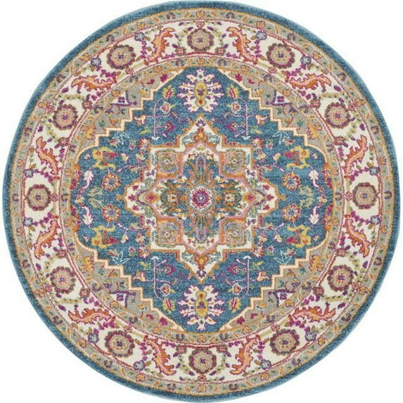 4 ft. Grey Round Floral Power Loom Area Rug