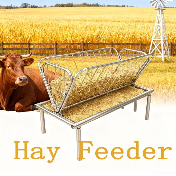 4 ft Livestock Feeder, 2 in 1 Outdoor Pasture Feeder with Feeding Pan, Goat Hay Feeder for Goats, Sheep, and Miniature Horses