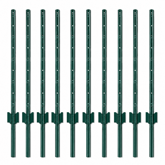 4 ft Metal Fence Post 10 Pack, Heavy Duty Steel U-Channel Fence Stakes with Anchor Plate, Powder Coated Rustproof Garden Posts for Yard, Lawn, Farm & Outdoor Wire Fencing, Green