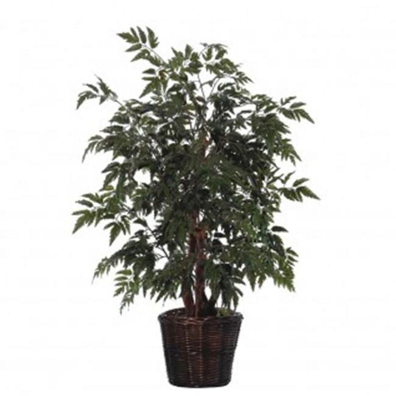 Ming Aralia Silk Artificial Flora in Round Brown Rattan Basket, 4ft