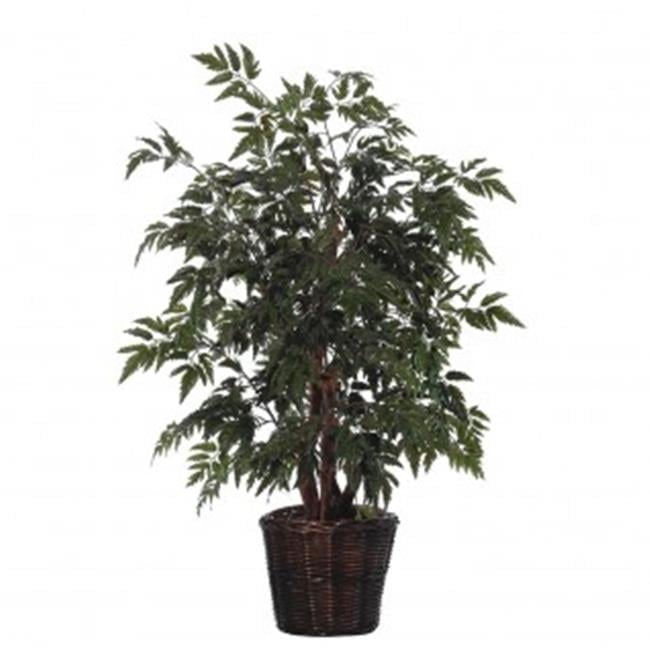 Ming Aralia Silk Artificial Flora in Round Brown Rattan Basket, 4ft