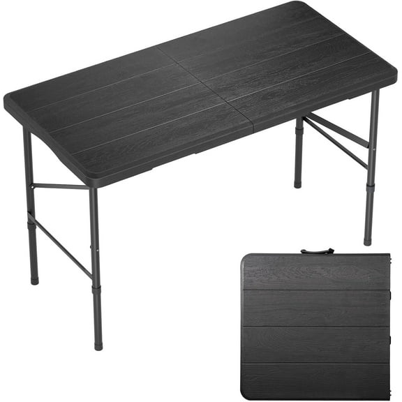 4 ft Plastic Folding Table, Heavy Duty Portable Table for Indoor and Outdoor Use, Wood Grain Top
