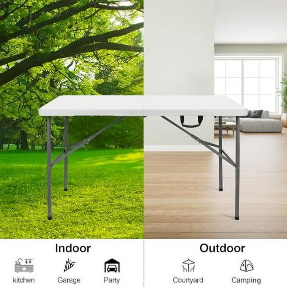 4 ft Plastic Folding Table with Carrying Handle, Straight Legs for Camping, Wedding, Kitchen, Beach - White