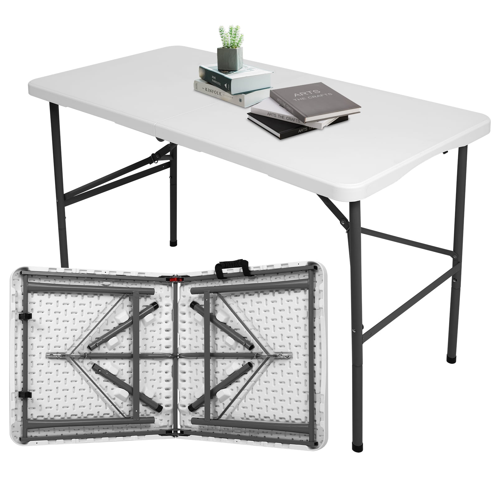 4 ft Portable Folding Table, Idustrial Heavy-Duty Foldable Table, HDPE  Plastic Table, with Carrying Handle, Locks, Stright Legs for Indoor \u0026  Outdoor Party, Barbeque, Camping, Board Games - White - Walmart.com, image size:1600x1600