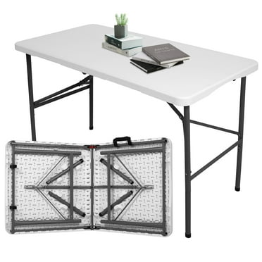 4 ft Portable Folding Table, Idustrial Heavy-Duty Foldable Table, HDPE Plastic Table, with Carrying Handle, Locks, Stright Legs for Indoor & Outdoor Party, Barbeque, Camping, Board Games - White