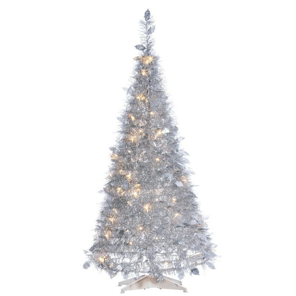 4 ft. Pre Lit Warm White LED Pop up Silver Tinsel Tree