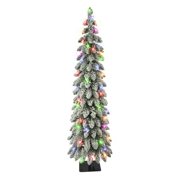 4 ft Pre-lit Flocked Alpine Pencil Tree 139 Tips 50 UL Multi-color Incandescent Lights