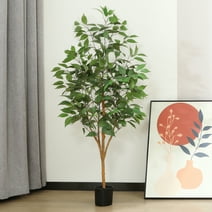 4 ft Realistic Artificial Ficus Tree in Pot, Natural Trunk, Lush Leaves, Lifelike Faux Tree