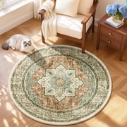 4 ft Round Area Rug, Yamaziot Boho Vintage Oriental Circle Carpet, Washable Non Slip Non Shedding Soft Faux Indoor Floor Mat Rug for Bedroom Living Room Sofa Of