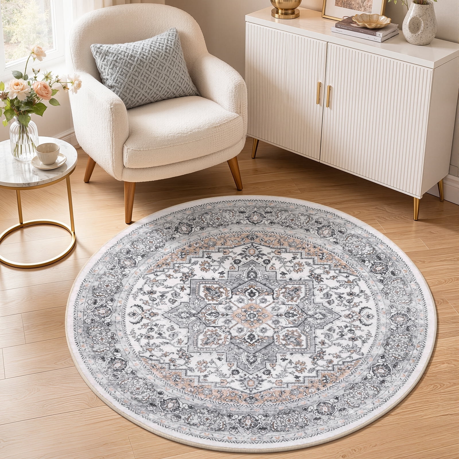 ennoy E ROUND RUG ラグ マット Yamaziot 4 ft Round Area Rug, Boho Vintage Oriental Circle Carpet