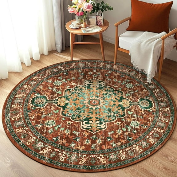 4 ft Round Area Rug, Yamaziot Boho Vintage Oriental Circle Carpet, Washable Non Slip Non Shedding Soft Faux Indoor Floor Mat Rug for Bedroom Living Room Sofa Office, Brown