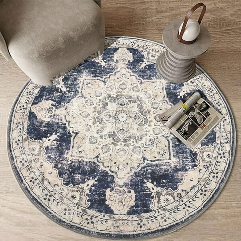 4 ft Round Area Rug, Yamaziot Boho Vintage Oriental Circle Carpet, Washable Non Slip Non Shedding Soft Faux Indoor Floor Mat Rug for Bedroom Living Room Sofa Office Bathroom Kitchen