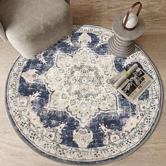 4 ft Round Area Rug, Yamaziot Boho Vintage Oriental Circle Carpet, Washable Non Slip Non Shedding Soft Faux Indoor Floor Mat Rug for Bedroom Living Room Sofa Office Bathroom Kitchen