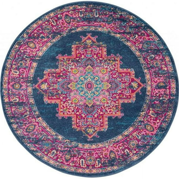 4 ft. Round Blue & Pink Medallion Area Rug