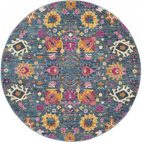 4 ft. Round Denim Blue Florals Distressed Area Rug - Denim Blue - 4'