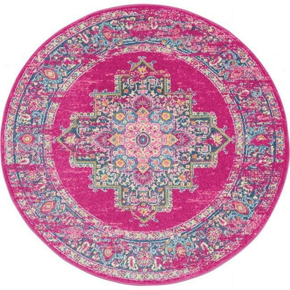 4 ft. Round Fuchsia & Blue Distressed Area Rug