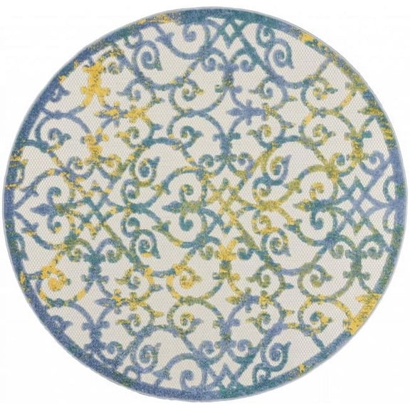 4 ft. Round Ivory & Blue Indoor & Outdoor Area Rug