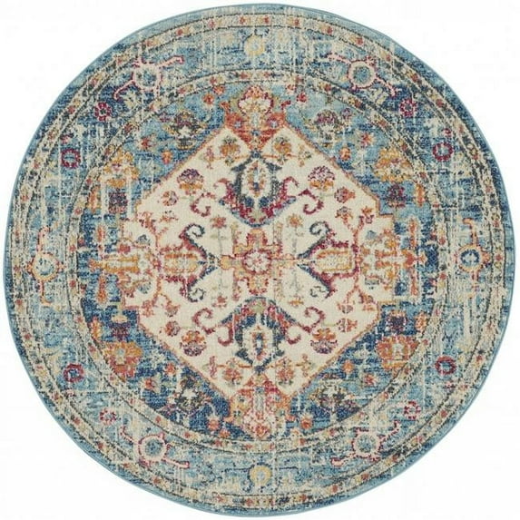 4 ft. Round Ivory & Light Blue Distressed Area Rug