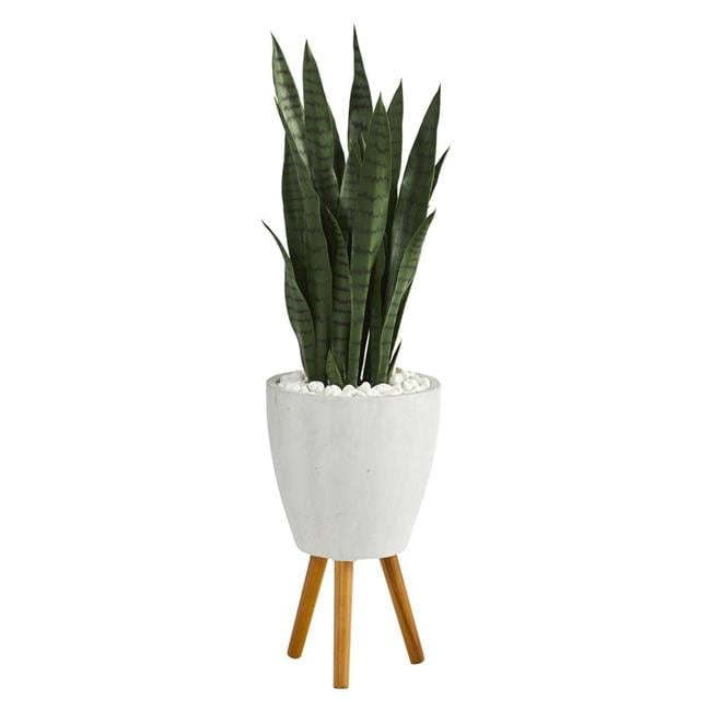 4-ft Green Silk Sansevieria Plant in White Planter with Wooden Stand