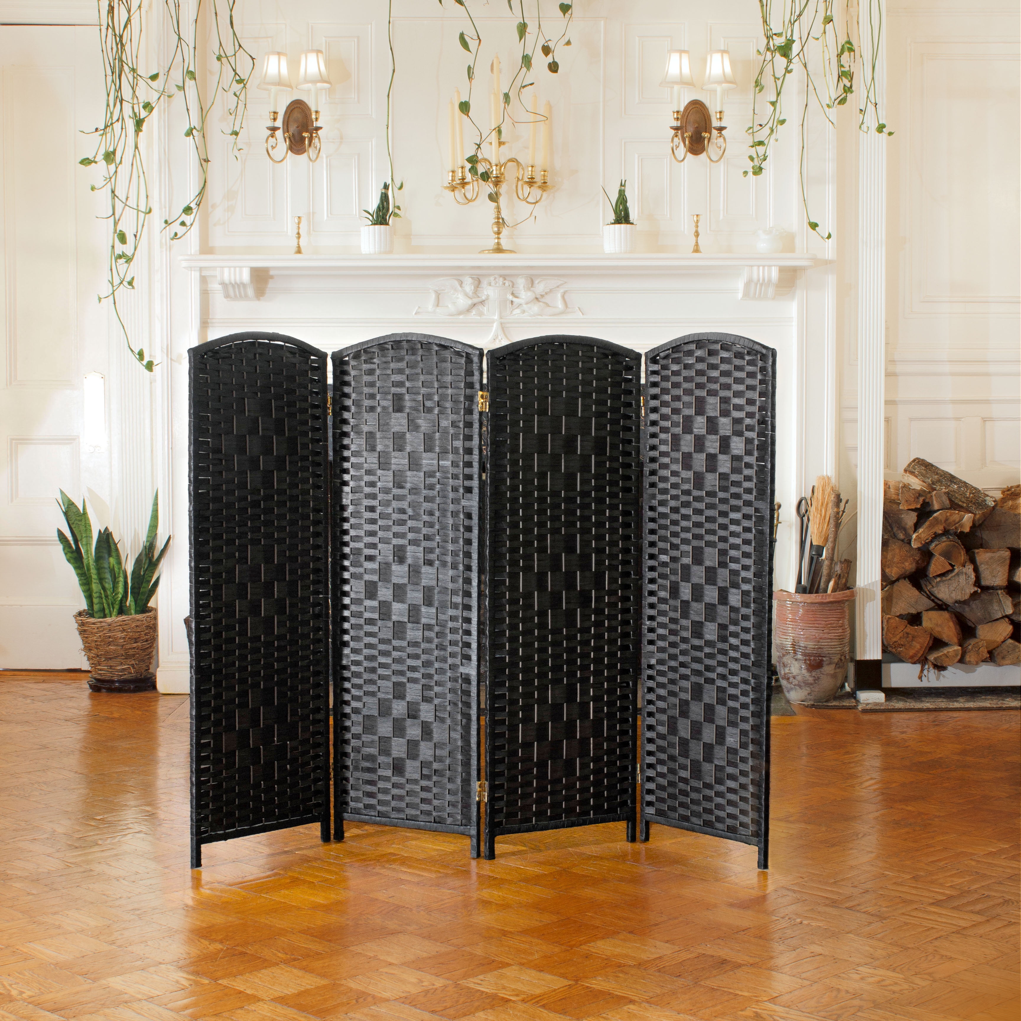 4 Ft Tall Black Woven Plant Fiber Folding Screen with 4 Panels