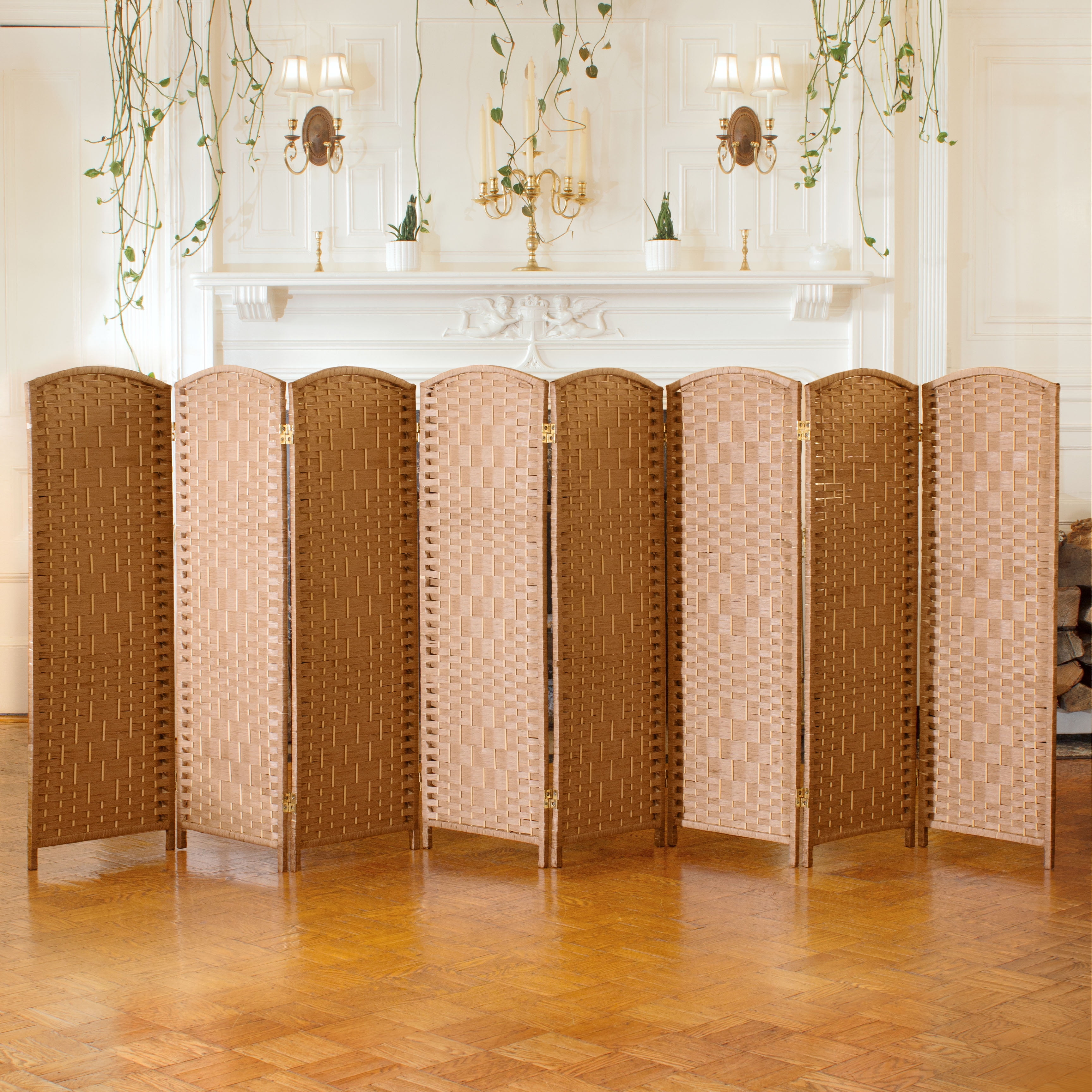 Natural Brown Woven Plant Fiber 8-Panel Folding Screen