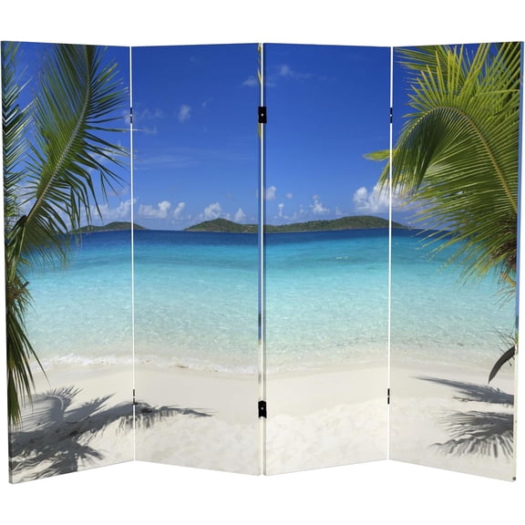 4 ft. Short Double Sided Beach Canvas Folding Screen 4 Panel Freestanding Partition and Separator for Modern and Contemporary Bedroom, Home Office, Studio, Dorm, Apartment