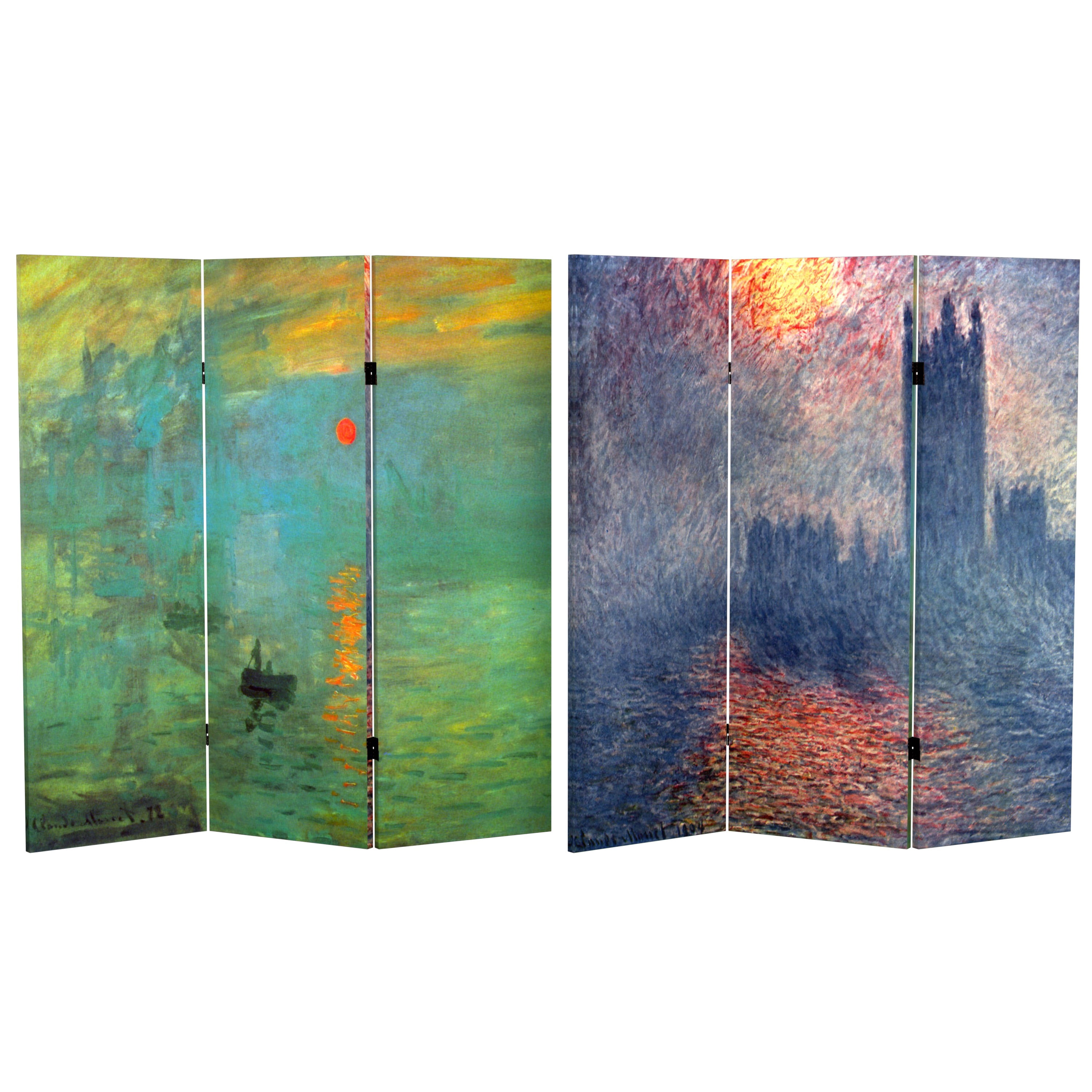 Red Lantern 4 ft. Short Monet Canvas Folding Screen - Impression Sunrise/Houses of Parliament