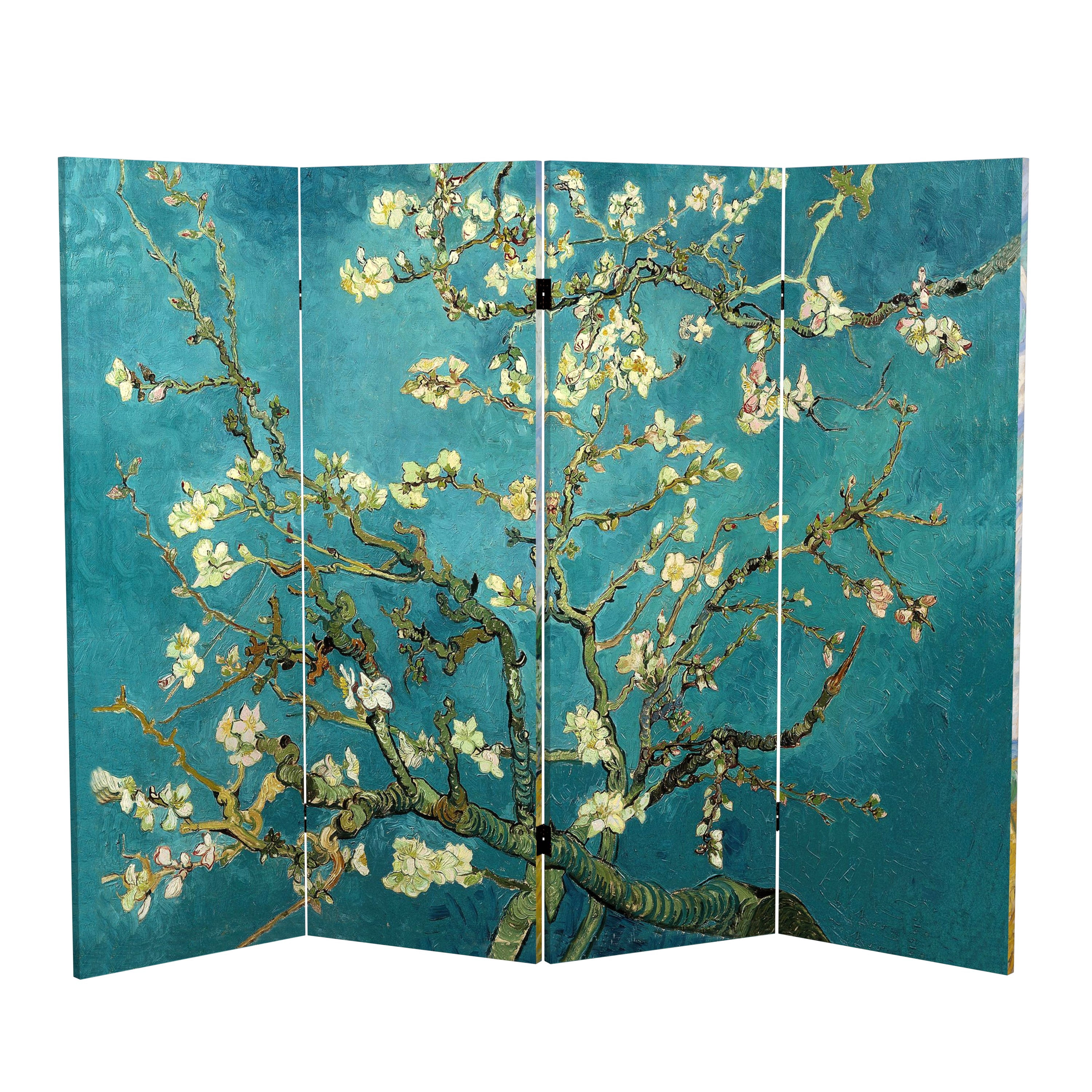 Red Lantern 4 ft. Short Van Gogh Canvas Folding Screen - Almond Blossoms/Wheat Field