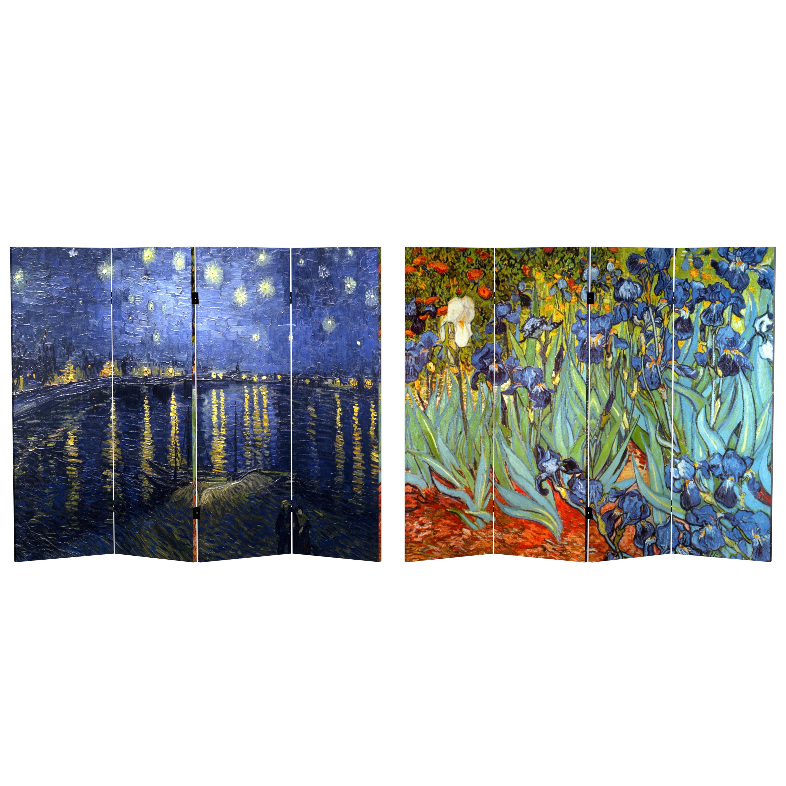 Red Lantern 4 ft. Short Double Sided Works of Van Gogh Canvas Folding Screen - Irises/Starry Night Over Rhone