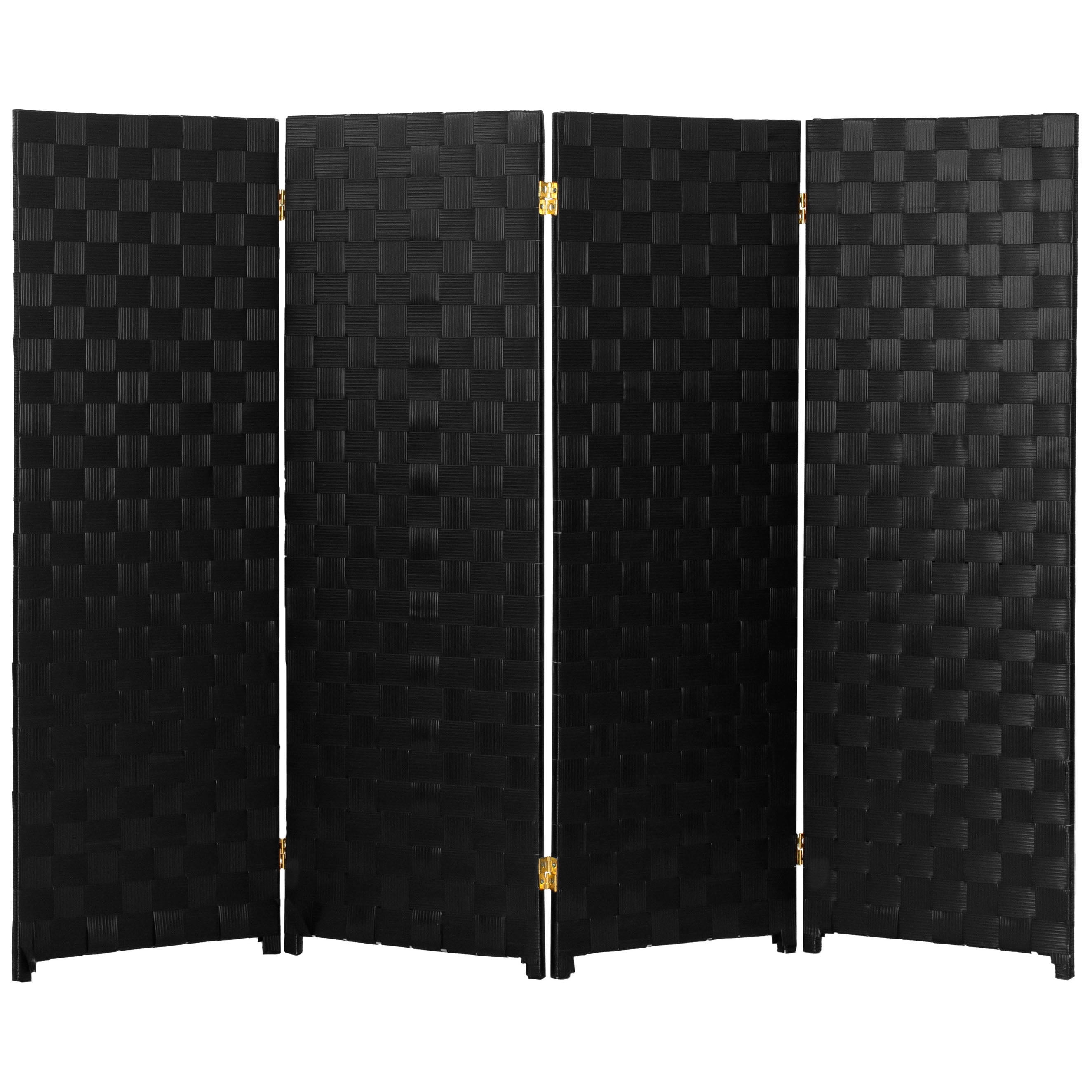Red Lantern 4 ft. Short Woven Fiber Outdoor All Weather Folding Screen - 4 Panel - Black