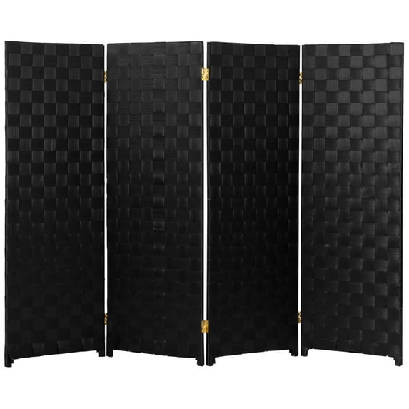 Red Lantern 4 ft. Short Woven Fiber Outdoor All Weather Folding Screen - 4 Panel - Black