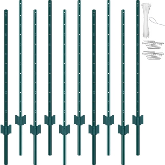 4 ft T Posts 10 Pack Heavy Metal Fence Post, Green Powder Coated Steel T Post for Garden Farm Livestock Fencing