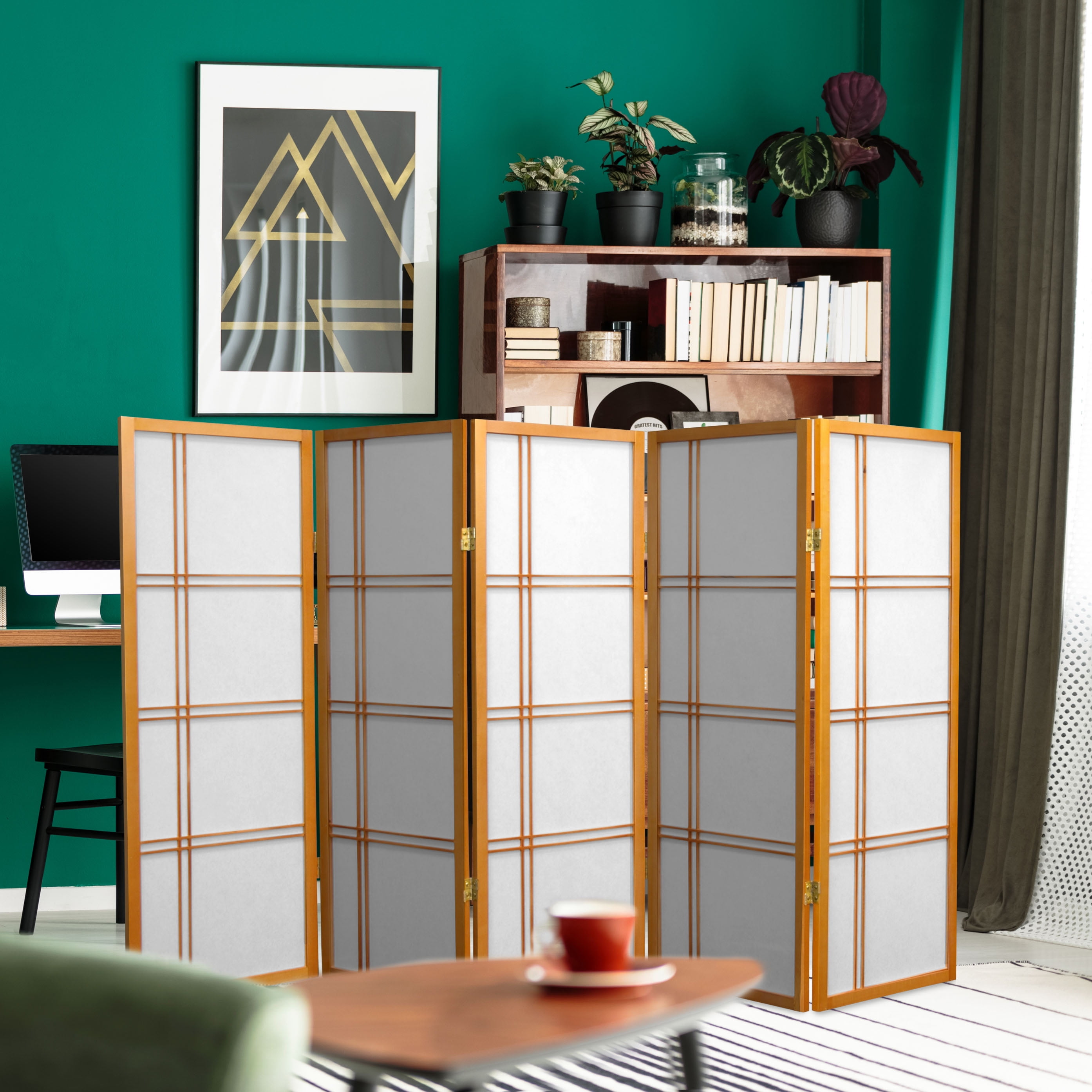 4 ft. Tall Japanese Design Double Cross Lattice Screen - Honey - 5 Panels