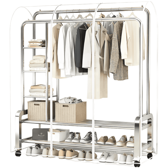 4 ft Transparent Clothes Garment Rail Cover, Clear Protective Zip Over for Coat Racks, 59.1 in Height, Plastic Closet Organizer, Dustproof, Waterproof, Space Saving, Easy Access