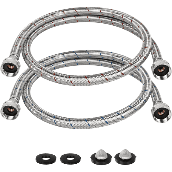 4 ft Washing Machine Hoses 2 Pack 3/4" FHT Stainless Steel Washer Hoses, 304 Braided Stainless Steel Hot and Cold Water Connection Inlet Supply Lines for Washer