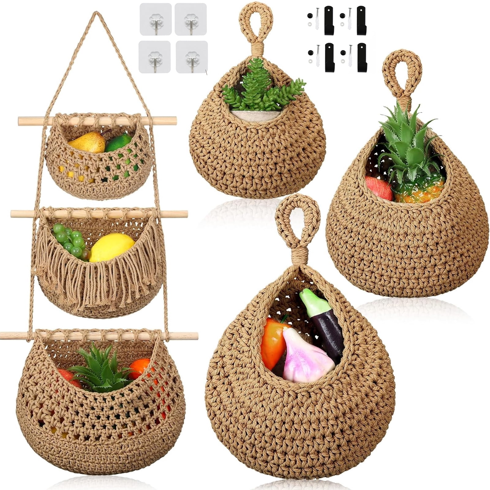 4 hand-woven cotton rope hanging fruit basket 3 layer door kitchen ...