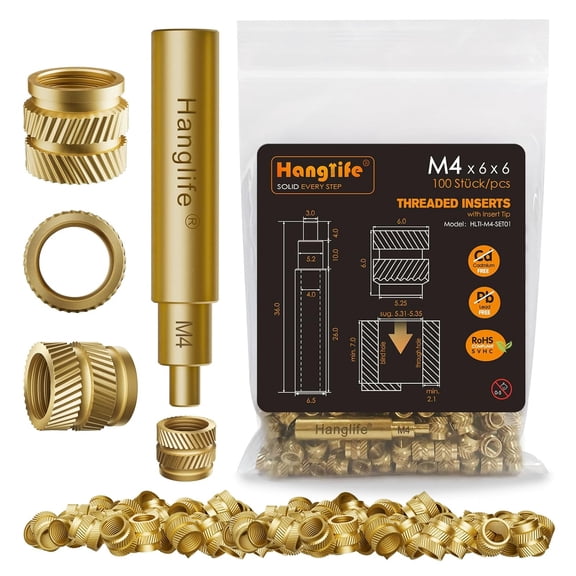 4 heat setting threaded inserts with insertion tip, for 3D printing components and plastic parts heat setting inserts, with soldering iron pressure tool - brass metric embossed nut (100 pieces)