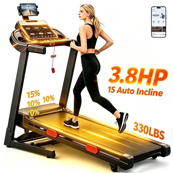 Home Folding Treadmill with 15% Auto Incline, 3.8HP Brushless Motor, 9 MPH Speed,Treadmill 300 lb Capacity for Home,6 LED Displays, Exercise Equipment forJogging walking, Treadmill with Bluetooth APP