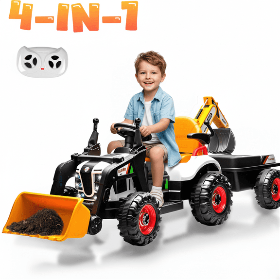 4-in-1 24V Kids Ride On Electric Tractor Toy with Construction Attachments (Excavator, Dump Truck & Bulldozer) with Remote Control, 3 Speed Adjustable, Built-in Music Player, LED Light, Orange