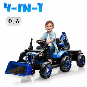 24V Ride On Tractor For Kids - 4-in-1 Electric Car With Excavator, Dump Truck & Bulldozer Attachments, Remote Control, LED Lights, Green