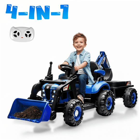 4-in-1 24V Kids Ride On Electric Tractor Toy with Construction Attachments (Excavator, Dump Truck & Bulldozer) with Remote Control, 3 Speed Adjustable, Built-in Music Player, LED Light, Blue