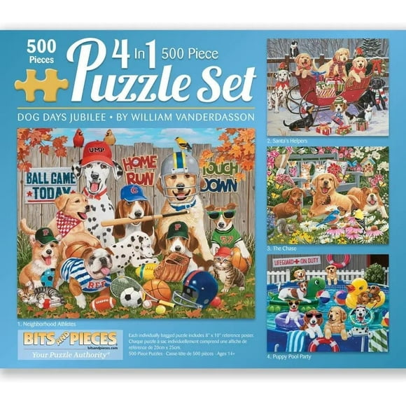 4-in-1 500 Piece Dog Jigsaw Puzzle Set – Dog Days Jubilee by Vanderdasson