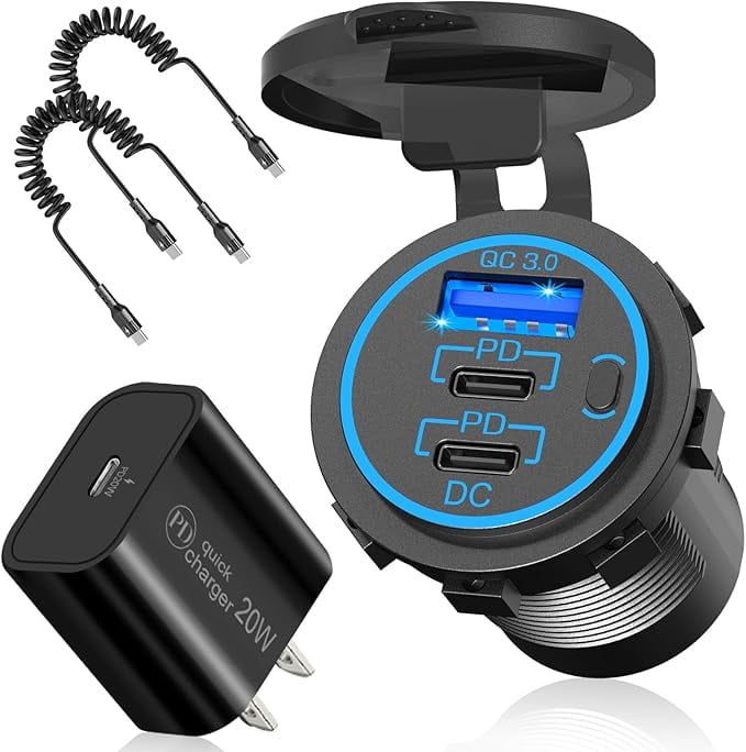 (4-in-1) 90W USB C 12V Outlet with Wall Charger: 3 Port Multi Type-C Car Charging Adapter Dual PD 36W, Marine Cigarette Lighter Mount Socket 12 Volt Plug with Power Switch for Auto RV Boat Motorcycle