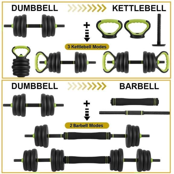 4-in-1 Adjustable 66LB Dumbbell Set for Home Gym Converts to Barbell, Kettlebell, Push-Up Stand Multi-Function Strength Training Equipment Non-Slip Grip Black + Green