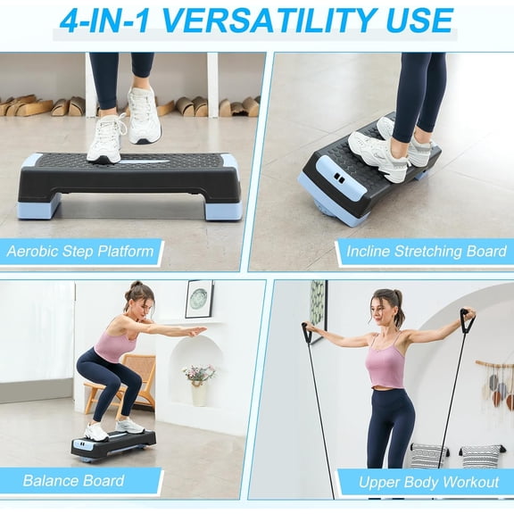 4-in-1 Adjustable Aerobic Step Platform (4"/6") - Workout Stepper with Resistance Bands, Non-Slip Balance Board - Home Gym Equipment for Step Training, Cardio, Pilates & Physical Therapy