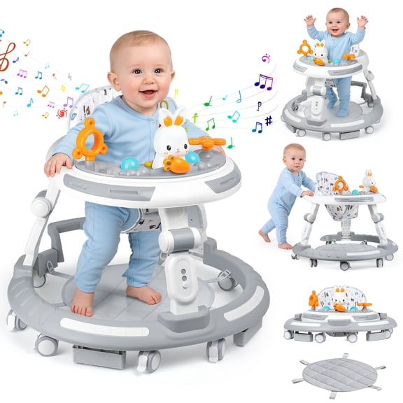 4-in-1 Adjustable Baby Walker & Activity Center, Foldable with 8 Silent Wheels, Removable Toy Tray - Convertible Learning Walker, Dining Chair, Self-Walker for Toddlers 6+ Months