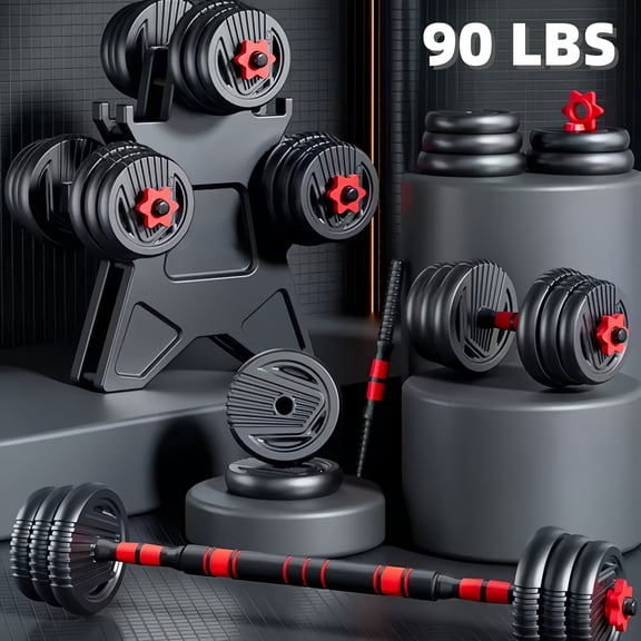 4-in-1 Adjustable Barbell Kettlebell Combo Set - 20/30/70/90Lb Free Weight | Upgraded Nuts, Push-up Stand Function | Unisex Home Fitness Equipment for Full-Body Workouts