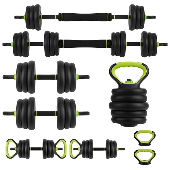4-in-1 Adjustable Dumbbell Set 44 lbs, Convertible to Kettlebell Barbell Push-Up Stands, Home Gym Weight Set, Black + Green