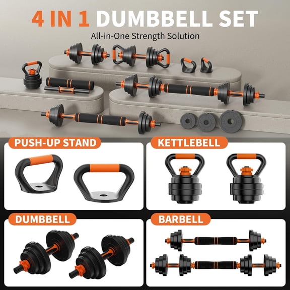 4-in-1 Adjustable Dumbbell Set, 60LBS/70LBS/90LBS Free Weights with Connector Barbell Kettlebell Push-Up Stand Home Gym Equipment for Men Women